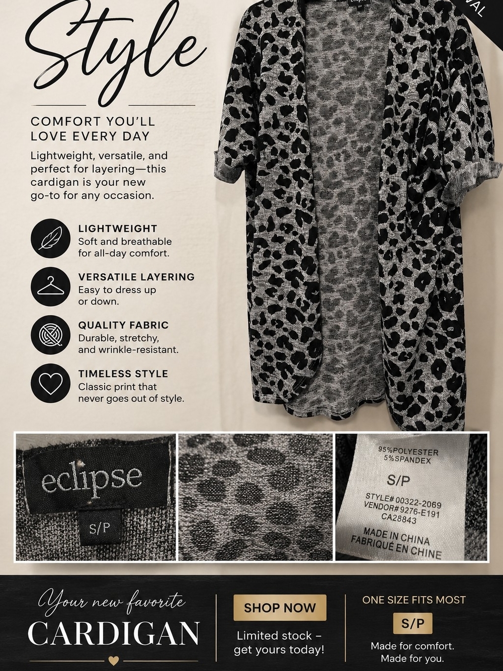 Eclipse Women’s Short Sleeve Leopard Cardigan - Black & Gray
